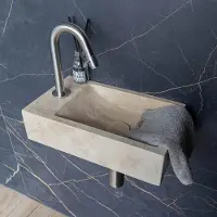 Saniclear White Travertin fonteinset met gebogen kraan links in RVS