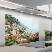 KitchenYeah Spatscherm 100x65 cm - Zelfklevende achterwand Berg - Water - Stad - Keuken muurbeschermer - Spatwand fornuis