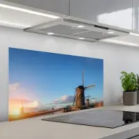 KitchenYeah Spatscherm 100x50 cm - Zelfklevende achterwand Windmolen - Water - Zon - Keuken muurbeschermer - Spatwand fornuis