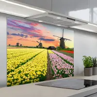 KitchenYeah Spatscherm 100x75 cm - Zelfklevende achterwand Tulpen - Windmolen - Natuur - Keuken muurbeschermer - Spatwand fornuis