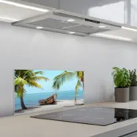 KitchenYeah Spatscherm 70x30 cm - Zelfklevende achterwand Palmboom - Boot - Strand - Keuken muurbeschermer - Spatwand fornuis