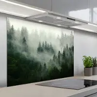 KitchenYeah Spatscherm 100x75 cm - Zelfklevende achterwand Bos - Mist - Bomen - Natuur - Keuken muurbeschermer - Spatwand fornuis