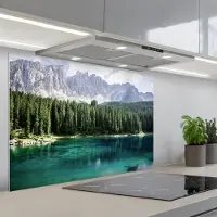 KitchenYeah Spatscherm 90x60 cm - Zelfklevende achterwand Berg - Bomen - Water - Keuken muurbeschermer - Spatwand fornuis