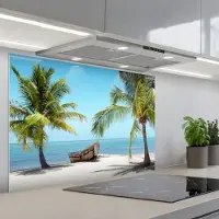 KitchenYeah Spatscherm 90x60 cm - Zelfklevende achterwand Palmboom - Boot - Strand - Keuken muurbeschermer - Spatwand fornuis