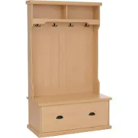 MCW Garderobekast -P27, halgarderobekast, houten garderobekast met zitbank, 4 haken, opbergvak, melamine, 163x100x47 cm ~ naturel