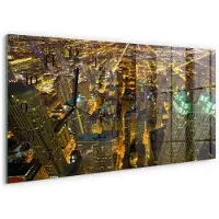 Tulup Wandklok - Stad 's nachts Glazen Wandklok Design - 60x30 cm - Geel Klok Glas Met Opdruk - Zwarte Handen - Rechthoekige Wandklok - Glazen Wandklok Design - Klok Glas Met Opdruk