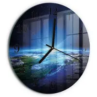Tulup Wandklok - Het universum van de aarde Wandklok Glas Decoratie - 30fi cm - Blauw Gekleurde Glazen Klok - Zwarte Handen - Ronde Wandklok - Glazen Wandklok Design - Klok Glas Met Opdruk