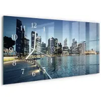 Tulup Wandklok - Stad 's nachts Glazen Wandklok Design - 60x30 cm - Blauw Klok Glas Met Opdruk - Witte Handen - Rechthoekige Wandklok - Klok Glas Met Opdruk - Moderne Wandklok Glas