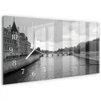 Tulup Wandklok - Bruggen van Parijs Wandklok Glas Decoratie - 60x30 cm - Zwart-wit Gekleurde Glazen Klok - Witte Handen - Rechthoekige Wandklok - Klok Glas Met Opdruk - Moderne Wandklok Glas