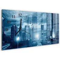 Tulup Wandklok - Stad 's nachts Moderne Wandklok Glas - 60x30 cm - Blauw Wandklok Glas Decoratie - Zwarte Handen - Rechthoekige Wandklok - Gekleurde Glazen Klok - Glazen Klok Met Print