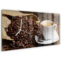 Tulup Wandklok - Koffie Wandklok Glas Met Motief - 60x30 cm - Bruin Decoratieve Glazen Klok - Witte Handen - Rechthoekige Wandklok - Wandklok Glas Decoratie - Gekleurde Glazen Klok