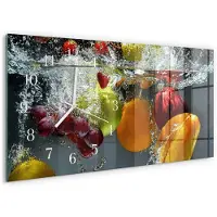 Tulup Wandklok - Fruit Wandklok Glas Decoratie - 60x30 cm - Veelkleurig Gekleurde Glazen Klok - Witte Handen - Rechthoekige Wandklok - Glazen Wandklok Design - Klok Glas Met Opdruk