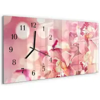 Tulup Wandklok - Orchideeën Moderne Glazen Wandklok - 60x30 cm - Roze Wandklok Glas Met Motief - Zwarte Handen - Rechthoekige Wandklok - Gekleurde Glazen Klok - Glazen Klok Met Print