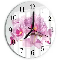 Tulup Wandklok - Orchideeën Decoratieve Glazen Klok - 30fi cm - Roze Glazen Wandklok Design - Zwarte Handen - Ronde Wandklok - Wandklok Glas Met Motief - Decoratieve Glazen Klok