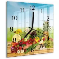 Drukarnia Piga Wandklok - Groenten en fruit Glazen Wandklok Design - 30x30 cm - Veelkleurig Klok Glas Met Opdruk - Zwarte Handen - Vierkante Wandklok - Wandklok Glas Met Motief - Decoratieve Glazen Klok