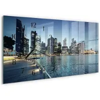 Tulup Wandklok - Stad 's nachts Moderne Glazen Wandklok - 60x30 cm - Blauw Wandklok Glas Met Motief - Zwarte Handen - Rechthoekige Wandklok - Klok Glas Met Opdruk - Moderne Wandklok Glas