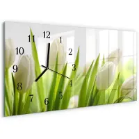 Tulup Wandklok - Witte tulpen Glazen Wandklok Design - 60x30 cm - Wit Klok Glas Met Opdruk - Zwarte Handen - Rechthoekige Wandklok - Klok Glas Met Opdruk - Moderne Wandklok Glas