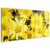 Tulup Wandklok - Gele bloemen Decoratieve Glazen Klok - 60x30 cm - Geel Glazen Wandklok Design - Witte Handen - Rechthoekige Wandklok - Glazen Wandklok Design - Klok Glas Met Opdruk