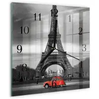 Drukarnia Piga Wandklok - Eiffeltoren auto Glazen Wandklok Design - 30x30 cm - Rood Klok Glas Met Opdruk - Zwarte Handen - Vierkante Wandklok - Klok Glas Met Opdruk - Moderne Wandklok Glas