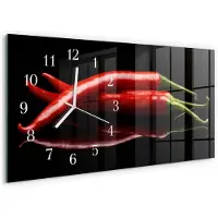 Tulup Wandklok - Chilipepers Klok Glas Met Opdruk - 60x30 cm - Zwart Moderne Wandklok Glas - Witte Handen - Rechthoekige Wandklok - Gekleurde Glazen Klok - Glazen Klok Met Print