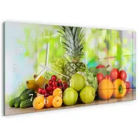 Tulup Wandklok - Fruit en groenten Decoratieve Glazen Klok - 60x30 cm - Groente Glazen Wandklok Design - Witte Handen - Rechthoekige Wandklok - Klok Glas Met Opdruk - Moderne Wandklok Glas