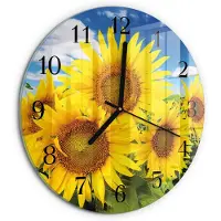 Tulup Wandklok - Zonnebloemen Moderne Wandklok Glas - 30fi cm - Geel Wandklok Glas Decoratie - Zwarte Handen - Ronde Wandklok - Wandklok Glas Decoratie - Gekleurde Glazen Klok