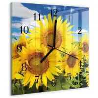 Drukarnia Piga Wandklok - Zonnebloemen Klok Glas Met Opdruk - 30x30 cm - Geel Moderne Wandklok Glas - Zwarte Handen - Vierkante Wandklok - Decoratieve Glazen Klok - Glazen Wandklok Design