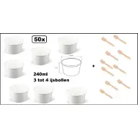 TakeAware 50x IJsbeker wit 240ml karton met 50x IJslepel hout - 3 a 4 bollen - IJs beker - Party schepijs softijs ijsje zomer festival thema feest