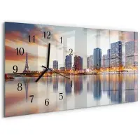 Tulup Wandklok - Parijs in de avond Gekleurde Glazen Klok - 60x30 cm - Oranje Glazen Klok Met Print - Zwarte Handen - Rechthoekige Wandklok - Glazen Klok Met Print - Wandklok Glas Met Motief