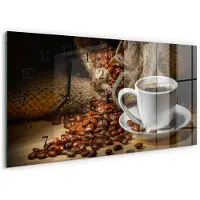 Tulup Wandklok - Koffie Klok Glas Met Opdruk - 60x30 cm - Bruin Moderne Wandklok Glas - Zwarte Handen - Rechthoekige Wandklok - Wandklok Glas Met Motief - Decoratieve Glazen Klok