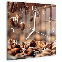 Drukarnia Piga Wandklok - Koffiebonen Decoratieve Glazen Klok - 30x30 cm - Bruin Glazen Wandklok Design - Witte Handen - Vierkante Wandklok - Glazen Wandklok Design - Klok Glas Met Opdruk