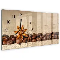 Tulup Wandklok - Koffiebonen Wandklok Glas Decoratie - 60x30 cm - Bruin Gekleurde Glazen Klok - Zwarte Handen - Rechthoekige Wandklok - Glazen Wandklok Design - Klok Glas Met Opdruk
