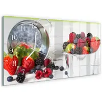 Tulup Wandklok - Bosvruchten Wandklok Glas Decoratie - 60x30 cm - Rood Gekleurde Glazen Klok - Witte Handen - Rechthoekige Wandklok - Wandklok Glas Decoratie - Gekleurde Glazen Klok