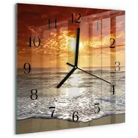 Drukarnia Piga Wandklok - Strand Zee Glazen Klok Met Print - 30x30 cm - Oranje Moderne Glazen Wandklok - Zwarte Handen - Vierkante Wandklok - Moderne Wandklok Glas - Wandklok Glas Decoratie