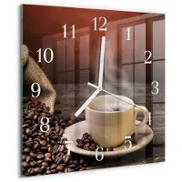 Drukarnia Piga Wandklok - Koffie Wandklok Glas Decoratie - 30x30 cm - Bruin Gekleurde Glazen Klok - Witte Handen - Vierkante Wandklok - Gekleurde Glazen Klok - Glazen Klok Met Print
