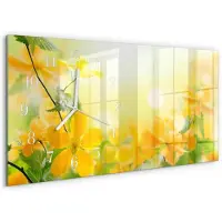 Tulup Wandklok - Bloemen Wandklok Glas Met Motief - 60x30 cm - Geel Decoratieve Glazen Klok - Witte Handen - Rechthoekige Wandklok - Decoratieve Glazen Klok - Glazen Wandklok Design