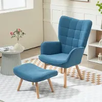MODFU - Oorfauteuil Met Hocker - Hoge Rugleuning - Getuft Design - Woonkamer - Ribstof - Blauw