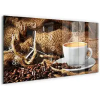 Tulup Wandklok - Koffiebonen Wandklok Glas Decoratie - 60x30 cm - Bruin Gekleurde Glazen Klok - Witte Handen - Rechthoekige Wandklok - Glazen Klok Met Print - Wandklok Glas Met Motief