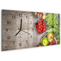 Tulup Wandklok - Groenten Gekleurde Glazen Klok - 60x30 cm - Groente Glazen Klok Met Print - Zwarte Handen - Rechthoekige Wandklok - Glazen Wandklok Design - Klok Glas Met Opdruk