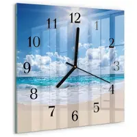 Drukarnia Piga Wandklok - Zee Klok Glas Met Opdruk - 30x30 cm - Blauw Moderne Wandklok Glas - Zwarte Handen - Vierkante Wandklok - Klok Glas Met Opdruk - Moderne Wandklok Glas