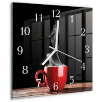 Drukarnia Piga Wandklok - Kopje koffie Wandklok Glas Decoratie - 30x30 cm - Rood Gekleurde Glazen Klok - Witte Handen - Vierkante Wandklok - Klok Glas Met Opdruk - Moderne Wandklok Glas