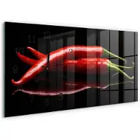 Tulup Wandklok - Chilipepers Wandklok Glas Met Motief - 60x30 cm - Zwart Decoratieve Glazen Klok - Zwarte Handen - Rechthoekige Wandklok - Gekleurde Glazen Klok - Glazen Klok Met Print