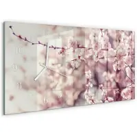 Tulup Wandklok - Kersenbloesems Gekleurde Glazen Klok - 60x30 cm - Roze Glazen Klok Met Print - Witte Handen - Rechthoekige Wandklok - Moderne Wandklok Glas - Wandklok Glas Decoratie
