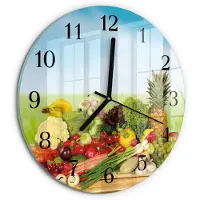 Tulup Wandklok - Groenten en fruit Klok Glas Met Opdruk - 30fi cm - Veelkleurig Moderne Wandklok Glas - Zwarte Handen - Ronde Wandklok - Moderne Wandklok Glas - Wandklok Glas Decoratie