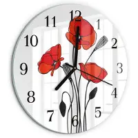 Tulup Wandklok - Papaver Wandklok Glas Met Motief - 30fi cm - Rood Decoratieve Glazen Klok - Zwarte Handen - Ronde Wandklok - Moderne Wandklok Glas - Wandklok Glas Decoratie