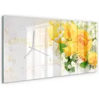 Tulup Wandklok - Bloemen Moderne Wandklok Glas - 60x30 cm - Geel Wandklok Glas Decoratie - Witte Handen - Rechthoekige Wandklok - Decoratieve Glazen Klok - Glazen Wandklok Design