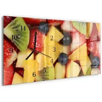 Tulup Wandklok - Fruitsalade Glazen Wandklok Design - 60x30 cm - Veelkleurig Klok Glas Met Opdruk - Zwarte Handen - Rechthoekige Wandklok - Gekleurde Glazen Klok - Glazen Klok Met Print