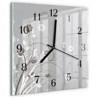 Drukarnia Piga Wandklok - Bloemen Moderne Wandklok Glas - 30x30 cm - Grijs Wandklok Glas Decoratie - Zwarte Handen - Vierkante Wandklok - Glazen Wandklok Design - Klok Glas Met Opdruk