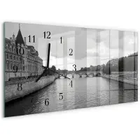 Tulup Wandklok - Bruggen van Parijs Glazen Wandklok Design - 60x30 cm - Zwart-wit Klok Glas Met Opdruk - Zwarte Handen - Rechthoekige Wandklok - Klok Glas Met Opdruk - Moderne Wandklok Glas