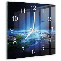 Drukarnia Piga Wandklok - Het universum van de aarde Moderne Wandklok Glas - 30x30 cm - Blauw Wandklok Glas Decoratie - Witte Handen - Vierkante Wandklok - Gekleurde Glazen Klok - Glazen Klok Met Print